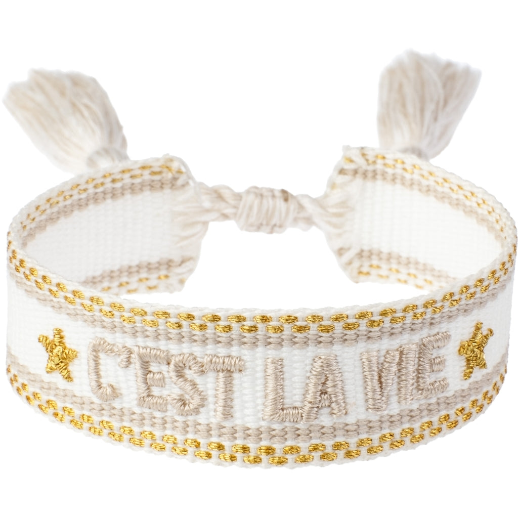 Dark - Woven Friendship bracelet "C'est La Vie" White W/Sand & Gold