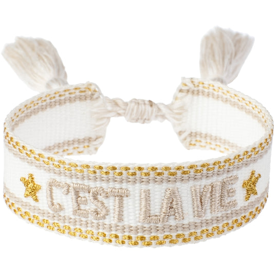 Dark -  Woven Friendship bracelet "C'est La Vie" White W/Sand & Gold